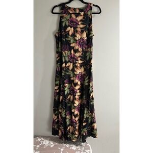 E.D. Michaels Floral Maxi Dress Womens 12 Black Purple Vintage Lace Up Excellent